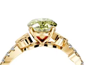 Leaf Motif Engagement Ring Setting for Fancy Yellow Oval Center with Pave Band and Prong Head in Yellow Gold