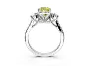 3 Stone Engagement Ring Setting for Fancy Yellow Cushion Cut Center with Crossover Basket, Pave Band and Prong Head in Platinum