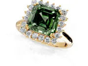 Starburst Halo Engagement Ring Setting for Fancy Green Asscher Cut Center with Thin Round-Wire Band and Prong Head in Yellow Gold
