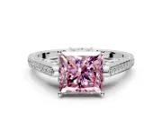 Cathedral Engagement Ring Setting for Fancy Pink Princess Cut Center with Antique-Style Pave Band and Prong Head in Platinum