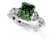 Leaf Motif Engagement Ring Setting for Fancy Green Radiant Cut Center with Pave Band and Prong Head in White Gold