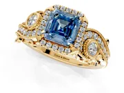 Milgrain Halo Engagement Ring Setting for Fancy Blue Asscher Cut Center with Shoulder Bezels and Prong Head in Yellow Gold