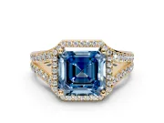 Halo Engagement Ring Setting for Fancy Blue Asscher Cut Center with Narrow Pave Split Shank and Prong Head in Yellow Gold