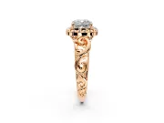 Halo Engagement Ring Setting for Cushion Cut Center with Open Scroll Shoulders and Prong Head in Rose Gold
