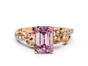 Leaf Motif Engagement Ring Setting for Fancy Pink Emerald Cut Center with Pave Band and Prong Head in Rose Gold