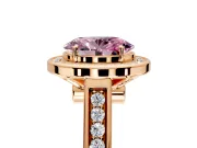 Halo Engagement Ring Setting for Fancy Pink Oval Center with Outer Bezel Rim, Pave Band and Prong Head in Rose Gold