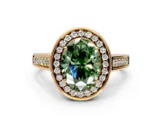 Halo Engagement Ring Setting for Fancy Green Oval Center with Outer Bezel Rim, Pave Band and Prong Head in Yellow Gold
