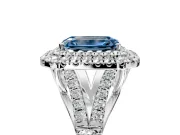 Double Halo Engagement Ring Setting for Fancy Blue Emerald Cut Center with Narrow Pave Split Shank and Prong Head in Platinum