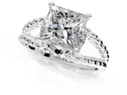 Halo Engagement Ring Setting for Princess Cut Center with Rope Twist Split Shank and Prong Head in White Gold