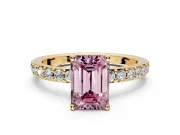 Solitaire Engagement Ring Setting for Fancy Pink Emerald Cut Center with Round Cut Pave Band and Prong Head in Yellow Gold