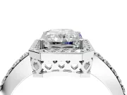 Halo Engagement Ring Setting for Radiant Cut Center with Heart-Shaped Openwork, Pave Band and Prong Head in Sterling Silver