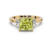 3 Stone Engagement Ring Setting for Fancy Yellow Princess Cut Center with Wide Plain Band and Prong Head in Yellow Gold