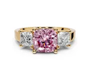 3 Stone Engagement Ring Setting for Fancy Pink Cushion Cut Center with Matching Side Accents and Prong Head in Yellow Gold