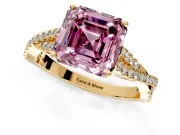 Solitaire Engagement Ring Setting for Fancy Pink Asscher Cut Center with Twisted Pave Split Shank and Prong Head in Yellow Gold