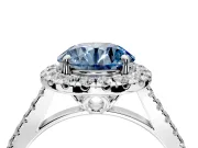 Halo Engagement Ring Setting for Fancy Blue Round Cut Center with Raised Halo, Pave Band and Prong Head in Platinum