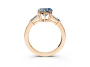 3 Stone Engagement Ring Setting for Fancy Blue Heart-Shaped Center with Baguette Accents and Prong Head in Rose Gold
