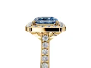 Halo Engagement Ring Setting for Fancy Blue Asscher Cut Center with Pave Accents, Heart Basket and Prong Head in Yellow Gold