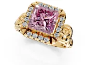 Halo Engagement Ring Setting for Fancy Pink Princess Cut Center with Open Scroll Shoulders and Prong Head in Yellow Gold