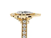 Halo Engagement Ring Setting for Pear-Shaped Center with Milgrain Pave Band and Bezel Head in Yellow Gold