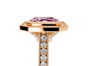 Halo Engagement Ring Setting for Fancy Pink Asscher Cut Center with Milgrain Pave Band and Bezel Head in Rose Gold