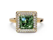 Halo Engagement Ring Setting for Fancy Green Princess Cut Center with Plain Tapered Band and Prong Head in Yellow Gold