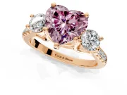 3 Stone Engagement Ring Setting for Fancy Pink Heart-Shaped Center with Crossover Basket, Pave Band and Prong Head in Rose Gold