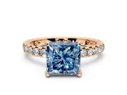 Solitaire Engagement Ring Setting for Fancy Blue Princess Cut Center with Shared-Prong Accents and Prong Head in Rose Gold