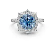 Halo Engagement Ring Setting for Fancy Blue Round Cut Center with Single-Row Pave, Open Basket and Prong Head in Platinum