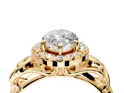 Halo Engagement Ring Setting for Marquise Center with Open Scroll Shoulders and Prong Head in Yellow Gold