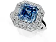 Halo Engagement Ring Setting for Fancy Blue Asscher Cut Center with Plain Tapered Band and Prong Head in Sterling Silver