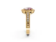 Milgrain Halo Engagement Ring Setting for Fancy Pink Oval Center with Pave Band and Prong Head in Yellow Gold