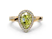 Halo Engagement Ring Setting for Fancy Yellow Pear-Shaped Center with Pave and Plain Twist Band and Prong Head in Yellow Gold