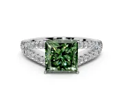 Solitaire Engagement Ring Setting for Fancy Green Princess Cut Center with Pave Split Shank and Prong Head in White Gold