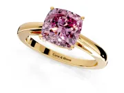Solitaire Engagement Ring Setting for Fancy Pink Cushion Cut Center with Open Cathedral Shoulders and Prong Head in Yellow Gold