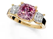 3 Stone Engagement Ring Setting for Fancy Pink Cushion Cut Center with Matching Side Accents and Prong Head in Yellow Gold