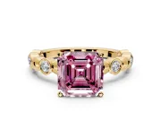 Solitaire Engagement Ring Setting for Fancy Pink Asscher Cut Center with Beaded Bezel Station Band and Prong Head in Yellow Gold