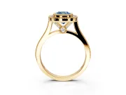Halo Engagement Ring Setting for Fancy Blue Cushion Cut Center with Milgrain Frame, Pave Band and Prong Head in Yellow Gold