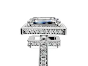 Halo Engagement Ring Setting for Emerald Cut Center with Metal-Rimmed Halo, Pave Band and Prong Head in White Gold
