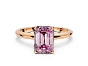 Hidden Halo Engagement Ring Setting for Fancy Pink Emerald Cut Center with Thin Round-Wire Band and Prong Head in Rose Gold