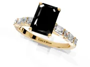 Baguette Engagement Ring Setting for Fancy Black Emerald Cut Center with Alternating Bar-Set Band and Prong Head in Yellow Gold