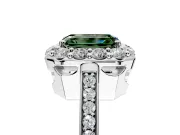 Floral Halo Engagement Ring Setting for Fancy Green Emerald Cut Center with Large Halo Accents and Prong Head in White Gold