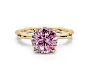 Solitaire Engagement Ring Setting for Fancy Pink Round Cut Center with Bamboo Band and Prong Head in Yellow Gold