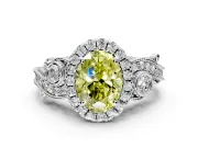 Milgrain Halo Engagement Ring Setting for Fancy Yellow Oval Center with Shoulder Bezels and Prong Head in White Gold