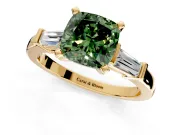 3 Stone Engagement Ring Setting for Fancy Green Cushion Cut Center with Channel Baguette Accents and Prong Head in Yellow Gold