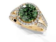 Halo Engagement Ring Setting for Fancy Green Round Cut Center with Narrow Pave Split Shank and Prong Head in Yellow Gold