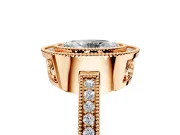 Halo Engagement Ring Setting for Oval Center with Milgrain Halo, Pave Band and Prong Head in Rose Gold