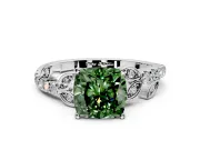 Leaf Motif Engagement Ring Setting for Fancy Green Cushion Cut Center with Pave Band and Prong Head in Platinum