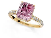 Hidden Halo Engagement Ring Setting for Fancy Pink Radiant Cut Center with Pave Band and Prong Head in Yellow Gold