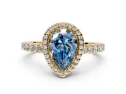 Halo Engagement Ring Setting for Fancy Blue Pear-Shaped Center with Inner Milgrain Border and Prong Head in Yellow Gold