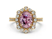 Milgrain Halo Engagement Ring Setting for Fancy Pink Oval Center with Bezel Point Accents and Prong Head in Yellow Gold